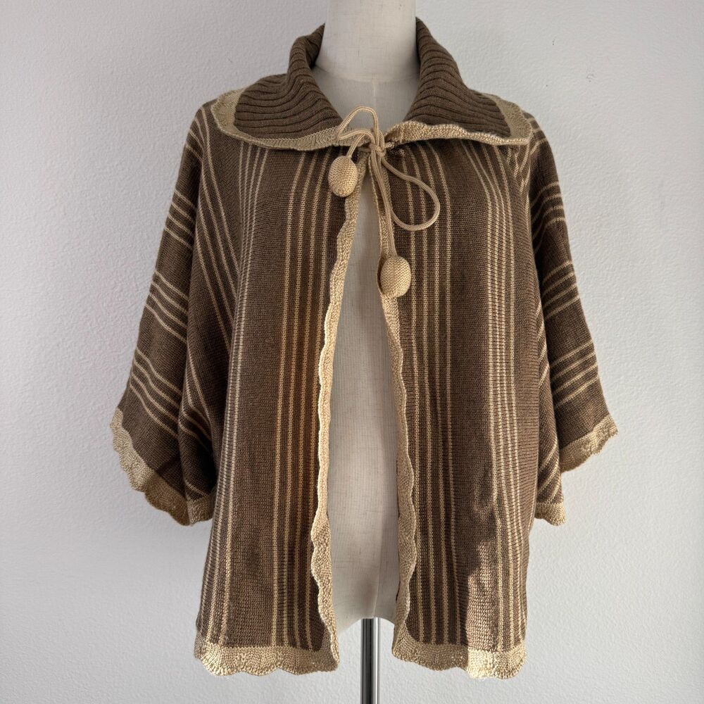 Brown/Tan Knit Collared Shawl Poncho Pom Pom Open Tie Whimsy Cabin Cottage Core